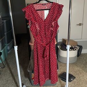 NWT BLLOM CHIC SZ 22-24 Midi Dress Burgundy with white Polkadots.